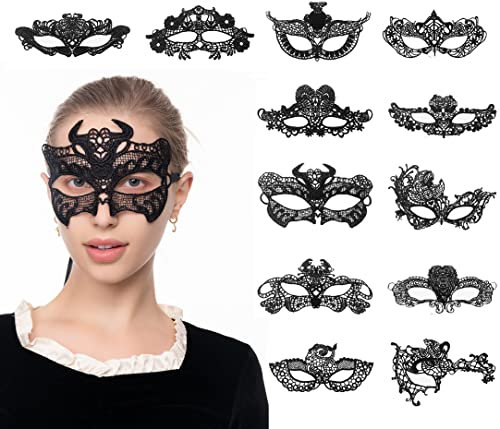 VKI® 12 Stück Konstellation Spitzenmaske, Venezianische Maske Damen Vampire Schmuck Halloween Augenmaske Karnevalsmasken Gesicht, Schwarz