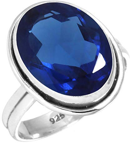 Jeweloporium Blauer Saphir Kunstsilberring Größe 64 (20,4), 925 Sterling Silber Ring für Damen, klobiger ovaler Edelstein Boho Schmuck
