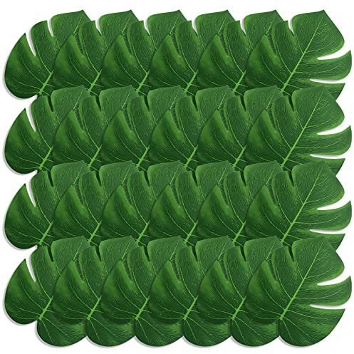 KINBOM 24 Stück 33 cm Künstliche Palmblätter, Tropische Kunstblätter Grün Kunst-Monstera-Blätter für Hawaiianische Luau-Dschungel Party Safari-Geburtstag Tischdekoration (L)