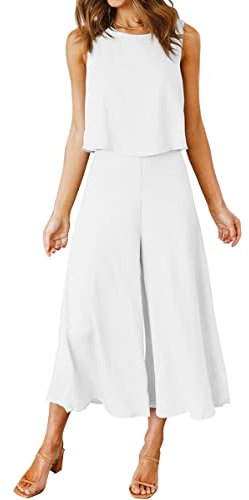 FANCYINN Damen Sommer 2-teiliges Outfit ärmellos Rundhals Tanktop gekürzte Weite Beinhose Weiß L