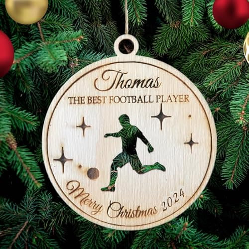 Personalisierte Beste Fußballspieler Baumschmuck Bester Spieler Fußball Sport Holz Baumschmuck Gravur Name Weihnachtskugel Geschenkkarte Einsatz für Familie und Freunde