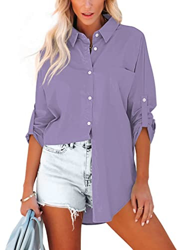 Homlan Camicia da Donna in Cotone, a Maniche Lunghe, Arrotolabile, Elegante, Casual, con Bottoni, Tinta Unita, a Maniche Lunghe, con Tasche sul Petto, Viola, L