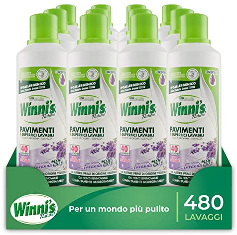 Winni's - Hypoallergenes Bodenreiniger für alle Oberflächen, 480 Waschgänge, Lavendelduft, konzentrierte Formel mit Rohstoffen pflanzlicher und biologischer Herkunft, 1 l x 12 Packungen