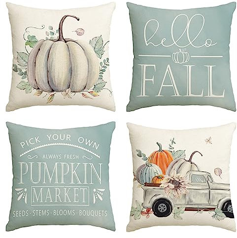 Artoid Mode Eukalyptus Blätter Kürbisse Lastwagen LKW Herbst Kissenbezüge 4er Set, 45x45 cm Zierkissenbezug Cushion Cover Couch Wohnzimmer Deko