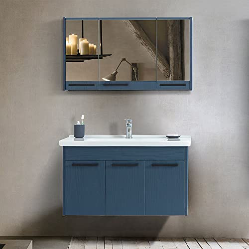 Mobile Bagno sospeso 100 cm Blu Effetto Legno, a Tre Ante con lavabo e armadietto a Specchio, Serie Sofia