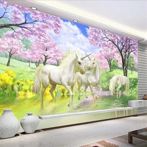 Custom Size Wall Murals，Fantasy Cherry Blossom Unicorn，Removable Peel and Stick Self-Adhesive Wall Murals Large Photo Wallpaper