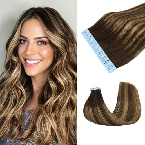 JESSBO Tape in Extensions Echthaar #T4/P4/27 Schokolade Braun Mxied Karamell Blond 55cm 20 Stück Invisible Seidig Gerade Remy echthaar haarverlängerung echthaar invisible tape extensions (50g/Packung)