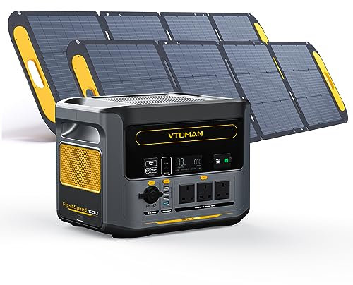 VTOMAN FlashSpeed 1500 Power Station with 2*220W Pro Solar Panel, 1500W/1548Wh LiFePO4 Battery Solar Generator with 230V AC Output/Input, 100W USB Port, Full Charge within 1H for Camping, Home Backup