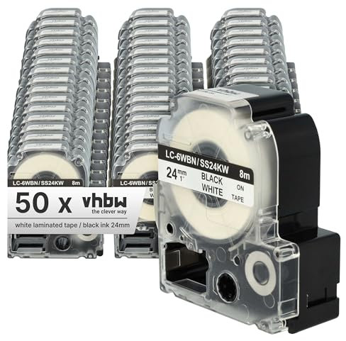 vhbw 50x Schriftband-Kassette kompatibel mit Epson LabelWorks LW-700, LW-900P, OK500P, OK720, OK200, OK300 Etiketten-Drucker 24mm Schwarz auf Weiß