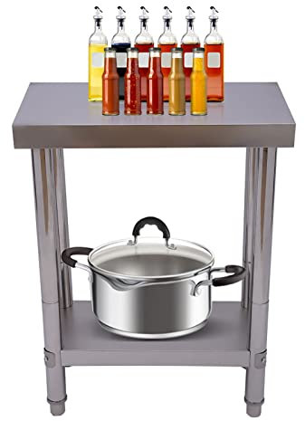 Tavolo da lavoro in acciaio inox a 2 livelli, tavolo da cucina con ripiano regolabile in altezza, tavolo per la preparazione degli alimenti, tavolo da cucina, tavolo per la preparazione (60 x 30 x 85