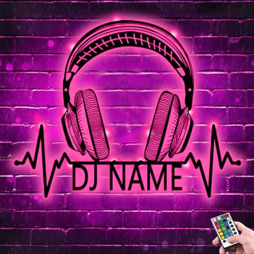 Panneau néon personnalisé pour lecteur de DJ - Nom personnalisé - Lecteur de disque DJ - Casque lumineux LED en métal - Lampe esthétique - Décoration murale pour bar, fête, décoration murale
