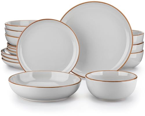 vancasso NYMPH Juego de Vajilla Completa de 16 Piezas, Platos Vajilla con Diseño de Borde Marrón in Gres, 4 Platos Llanos, 4 Platos de Postre, 4 Platos Hondos y 4 Tazones de Cereales, Gris