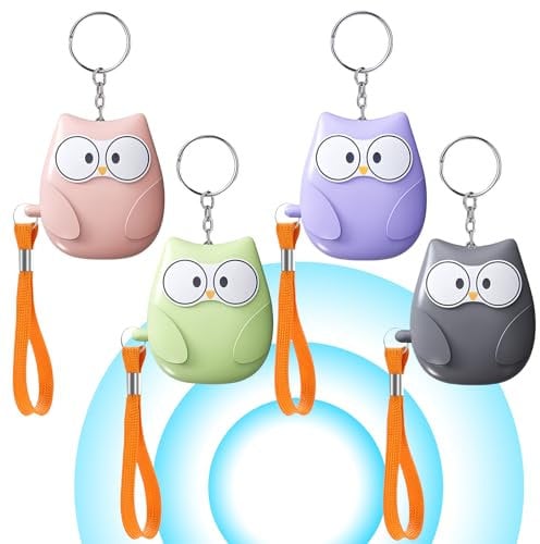 4 Stück Taschenalarm Frauen: 130dB Selbstverteidigung mit LED-Beleuchtung und Schlüsselanhänger, Persönlicher Alarm für Frauen Eulen-Stil für Frauen Kinder Altere Menschen (A)