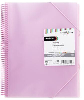 Grafoplas - Carpeta 50 Fundas Transparentes A4, Galga Extra, Multiline | Rosa Claro, Tapas Flexibles PP, Espiral PVC, Fundas Galga Extra, Escolar, Oficina, Fabricado en España