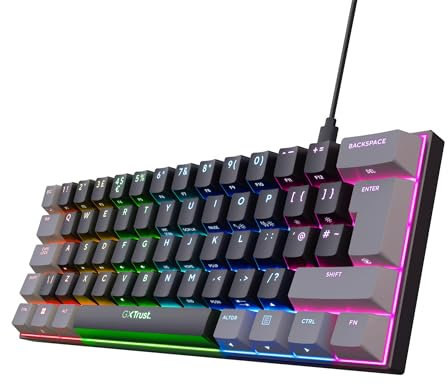 Trust Gaming GXT 867 Acira 60% Mechanical Keyboard UK Layout, RGB Illumination, Dual Function Keys, Ultra Compact Wired Programmable USB Mini Gaming Keyboard 60 Percent PC Laptop - Grey/Black
