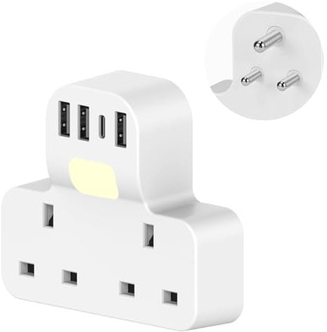 UK to India Plug Adapter,SHUOMAO Double UK to 3 Pin India Travel Adapter with 3 USB+1 USB C,Converter Plug Adaptor with with Night Light,for India,Sri Lanka,Pakistan,Burma,Maldives,Yemen(Type D)
