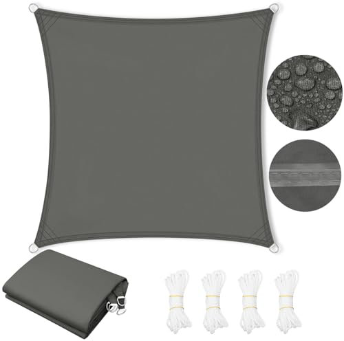 WOLTU Telo Ombreggiante in PES, Poliestere 200 g/m², Vela Ombreggiante Impermeabile, Telo Parasole per Esterni, Protezione Solare, con Anelli a D e Corde, per Balcone, Pergolato,5x5 m, Grigio Scuro