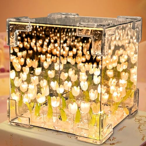 Mecctuck Tulpen Lampe, Tulpen Spiegel, LED Tulpen Nachtlicht, DIY Würfel Nachtlicht mit Tulpen, DIY Decoration Aesthetic, Tulpenwürfel Blumen Lampe, LED Lampe für Paare Freunde Kinder