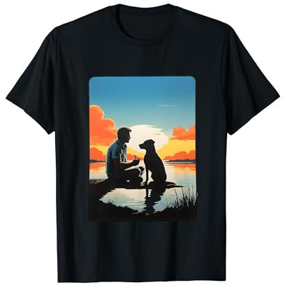 Mann und Hund Sonnenuntergang Silhouette – Ruhe am See T-Shirt