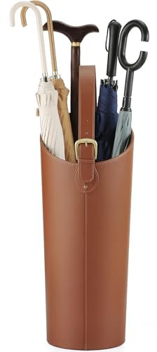 ELPMD Grand porte-parapluie en cuir synthétique marron pour entrée d'intérieur pour bureau, 57 cm avec bac à eau amovible et 2 crochets