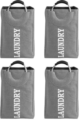 Lot de 4 paniers à linge pliables de 37 l avec poignées - Paniers à linge en tissu pour le linge - Panier à linge pliable sur pied (sac à linge avec poignée en aluminium) (gris)