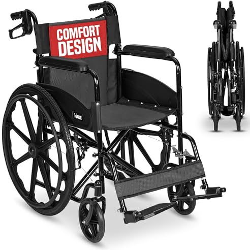 Self Propelled Wheelchair 18in Seat - Folding Lightweight Transit, Black | 16kg frame, 120kg user capacity, Folds to 22cm, 24in rear wheels, Puncture proof tyres, Dual parking brakes