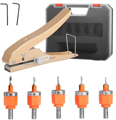 Kauwm 6-Piece Wood Countersink Drill Bit Set with 3/8-Inch Punch Pliers | Includes 1/8, 5/32, 9/64, 11/64 and 3/16-inch bits with adjustable stops and case for wood, PVC edge banding and plastic.