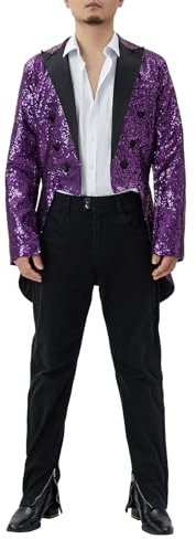 Felcia Herren Smokingjacke mit glänzenden Pailletten, Reverskragen, Langarm, Nachtclub, Frack, schmale Passform, Hochzeit, Abschlussball, Party, Blazer, A-purple, L