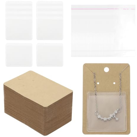 PATIKIL Earring Display Cards, 100 Pcs Necklace Display Holder Card with 1.5 x 1.7 Self-adhesive Pouch and Bags for Hanging Earrings Necklace Earring, Brown