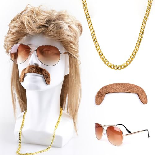 JWTRSVTY 4er Set Vokuhila Perücke Herren, 80er Herrenperücke, 80er 90er Jahre Outfit Herrens, Cosplay Outfit Accessoires mit Perücke Brille Bart Halskette, Für Fasching Cosplay Halloween Kostümfeste