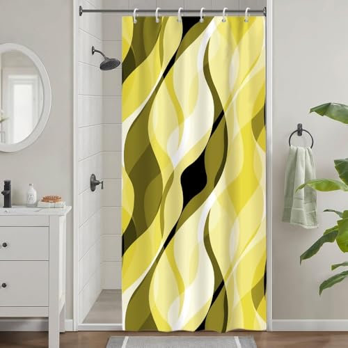 Uiiooazy Rideau Douche Étroit, Rideau de Douche Cabine Anti Moisissure Jaune Abstrait Rayures Vert Kaki Rayé Rideaux de Baignoire Tissu Imperméable Lavable Rideaux de Bain avec 6 Crochets 90x180cm