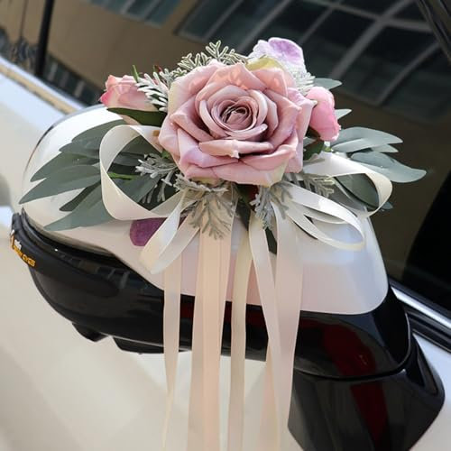 2 Stück Hochzeit Autoschmuck, Hochzeit Autoschleifen, Vintage Hochzeits Künstliche Blume mit Saugnäpfen für Auto Rückspiegel (Creme-Pulver)