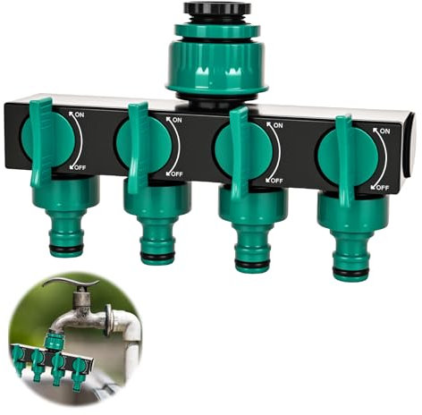 RUCUDIM Distributore a 4 vie, 3/4 pollici e 1/2 pollici, distributore di acqua, distributore di tubo per irrigazione da giardino con rubinetti di intercettazione individuali, per dispositivi e tubi da