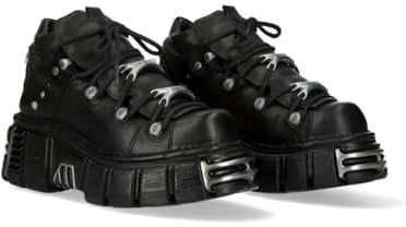 New Rock Botín Piel Negro Mujer Zapato Plataforma ICONIC 106 Black Woman Ankle Leather Shoes Boots M.106N-S16