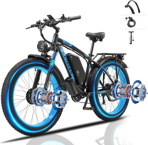 JESRIDER Dual Motor Electric Bike Road Legal 250W,Electric Mountain Bike,26x4 Fat Tyre Ebikes,48V 23AH Removable Battery 60Miles Range,Front Suspension&Hydraulic Brakes,LCD Display Ebike (Blue23AH)