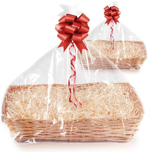 Woodluv Set of 2 Handwoven Wicker Gift Hamper Baskets, Honey Finish with Red Ribbon, DIY Empty Hamper Kit, Stylish Storage & Presentation Basket for Christmas, Birthdays, Weddings, and Festive Gifting