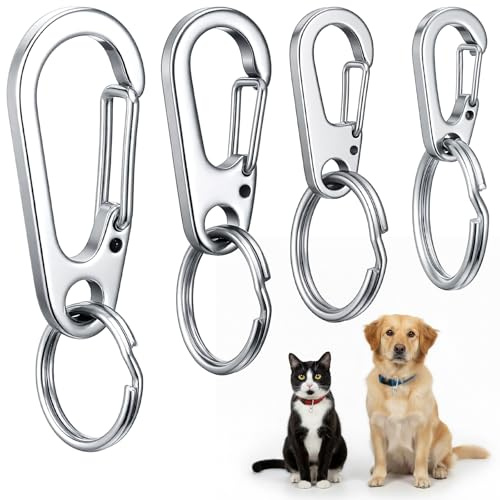 4 Pack Dog Collar Tag Clip with Ring, Stainless Steel Clips for Dog Harnesses, Heavy Duty Quick and Secure Id Tag Holders for Collars and Harnesses for Dogs and Cats (Silver)
