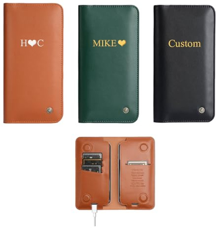 Individuelle Lederhülle für 2 Handys, personalisierter Name Initiale Hülle für iPhone (17, 16, 15, 14, 13, 12, 11) Pro Max/Plus, Samsung Galaxy (S25, S24, S23, S22, S21, S20) Ultra/Plus/Fe, Schwarz