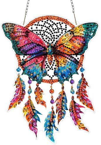 QENSPE Schmetterling Diamond Painting Anhänger, 5D Traumfänger Diamant Malerei Set Erwachsene Lebensbaum Krystal Art Fensterbilder, Hängend Ornament Tür Wand Veranda und Garten Dekoration