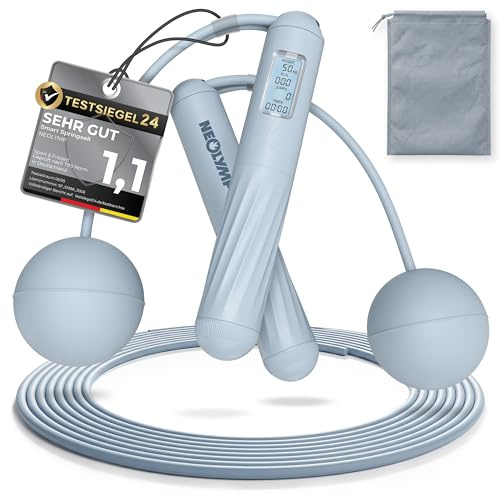 NEOLYMP Springseil mit Zähler - Digitales Display für Sprünge, Zeit & Kalorien - 2in1 Seil & Cordless Modus - 360° Kugellager Stahlseil mit PVC - Springseil Erwachsene Fitness Jump Rope (Sky-Blue)