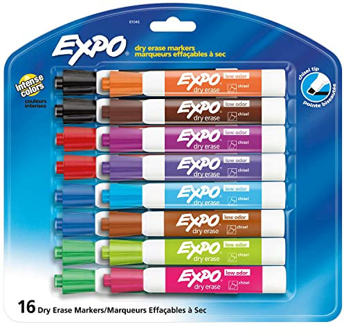 EXPO Dry Erase Markers, Low Odor Ink, Assorted Colors, Chisel Tip, 16 Count