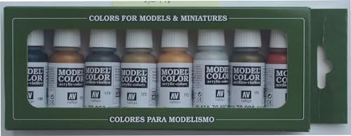 Vallejo Model Color Set de Pintura Acrílica Metallic Colors Kit de 8 Colores de Acabado Metalizado en Botellas de 18 Ml con Cuentagotas y una Carta de Colores para Modelismo y Maquetas.