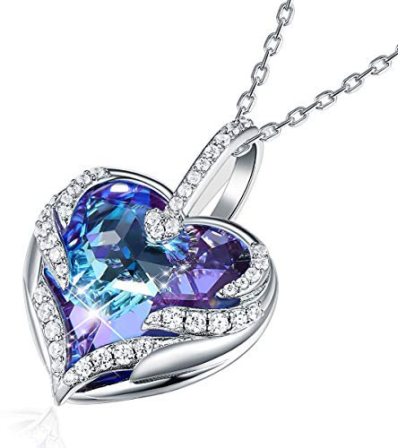 CRYSLOVE Muttertagsgeschenk Herz Kette Halskette für Damen Frauen Angel Wing Halskette mit Lila Kristallen Anhänger,Geschenkbox für Schmuck