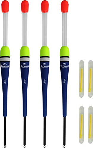 Storfisk fishing & more 4er Set Knicklichtposen Laufposen Blau inkl. 4 Knicklichter zum Nachtangeln, Schnurlauf außen, Tragkraft Posen:4 Gramm
