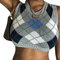 Damen Strickpullover, Straßenkleidung, adretter Stil, Strickwaren, V-Ausschnitt, Weste , Grau Kariertes Crop Top, S
