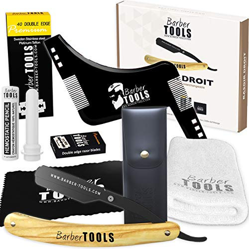 Kit de rasage - Rasoir de barbier lame interchangeable + 40 doubles lames (80 Lames Simples) + Chiffon + Stick d'alun + Étui de rangement + Serviette de rasage + Peigne pochoir (traceur de contour)