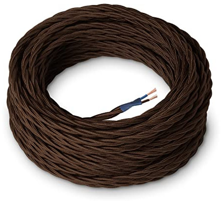 Amarcords - Cable de tela color MARRÓN, trenzado, seda, 10 metros, con 2 conductores 2x0,75 - Hilo eléctrico textil de color estilo clásico para lámparas bricolaje y iluminación vintage.