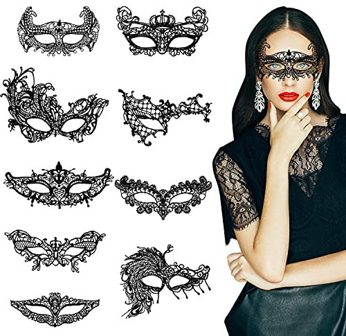 SHANMEI Spitzenmaske Schwarze, 9 Stück Dame Spitze Augenmaske Sexy Venezianische Maske für Kostümfeste, Maskenparty, Ball