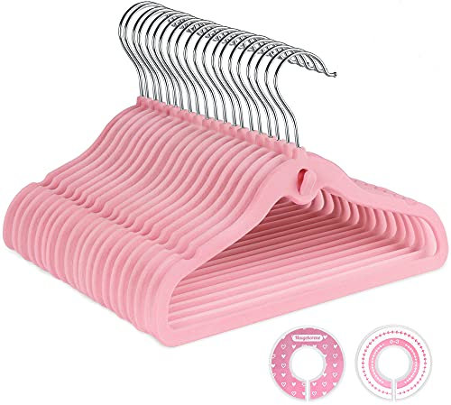 Samt Kleiderbügel 38er-Set, 30 Stück Kinderkleiderbügel und 8 Stück Baby Kleiderschrank Teiler, Kinderbügel mit Extra-Haken, rutschfest, platzsparend, für Kleiderschrank Schrank Kleidung, Rosa