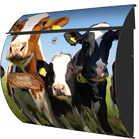 banjado® Burgwächter® Briefkasten anthrazit aus Stahl mit Motiv Kühe/Briefkasten mit Namen personalisierbar/Briefkasten ohne Zeitungsfach mit Kippdach & Öffnungsstopp, 2 Schlüssel